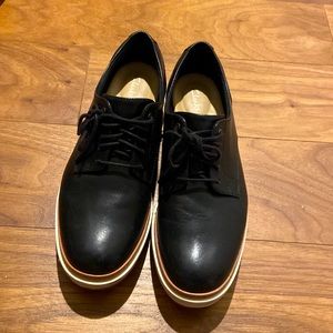 Clarks black platform loafers